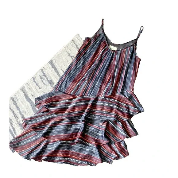 Women's Haven Silk Asymmetric Ruffle Dress Sz S Gray Red Black Dot Lightweight - Picture 1 of 7